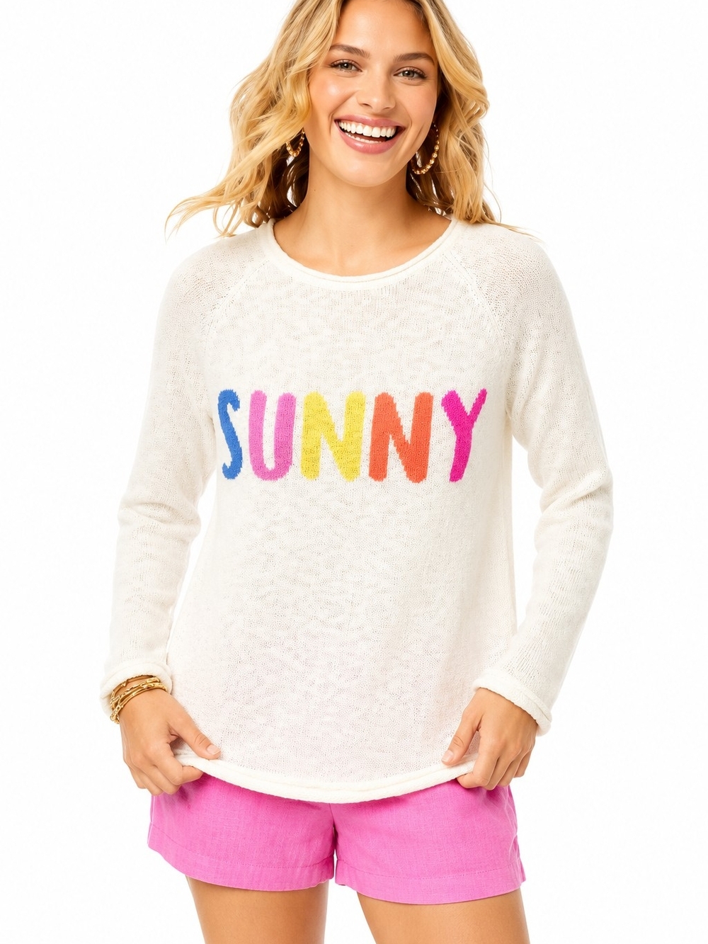 Lilly Pulitzer Sunny Danette Sweater Medium White Multicolor Graphic Knit chic - Picture 1 of 12